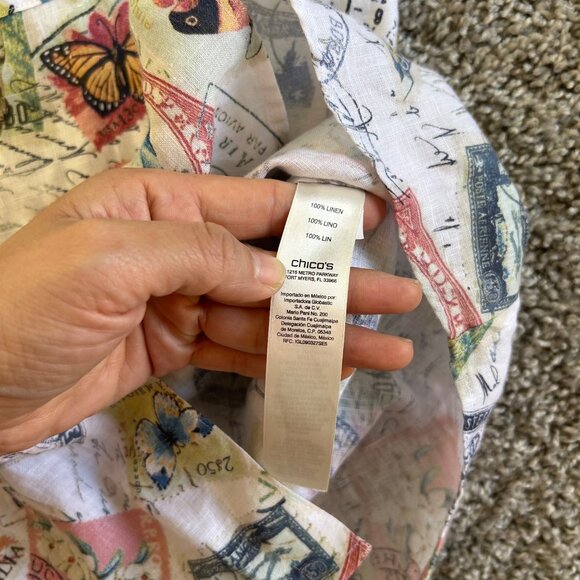 Chicos Women's Sz M Shirt Stamps & Butterfly Print 3/4 Sleeves Multicolor - Picture 6 of 9